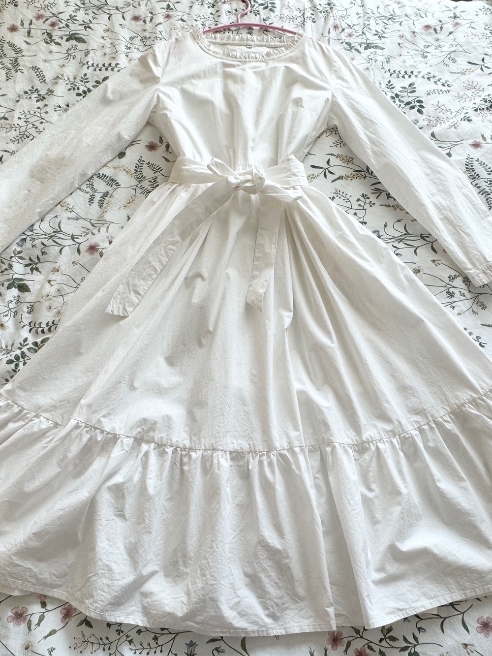 Women's Long Sleeve White Tie-Waist Midi Dress